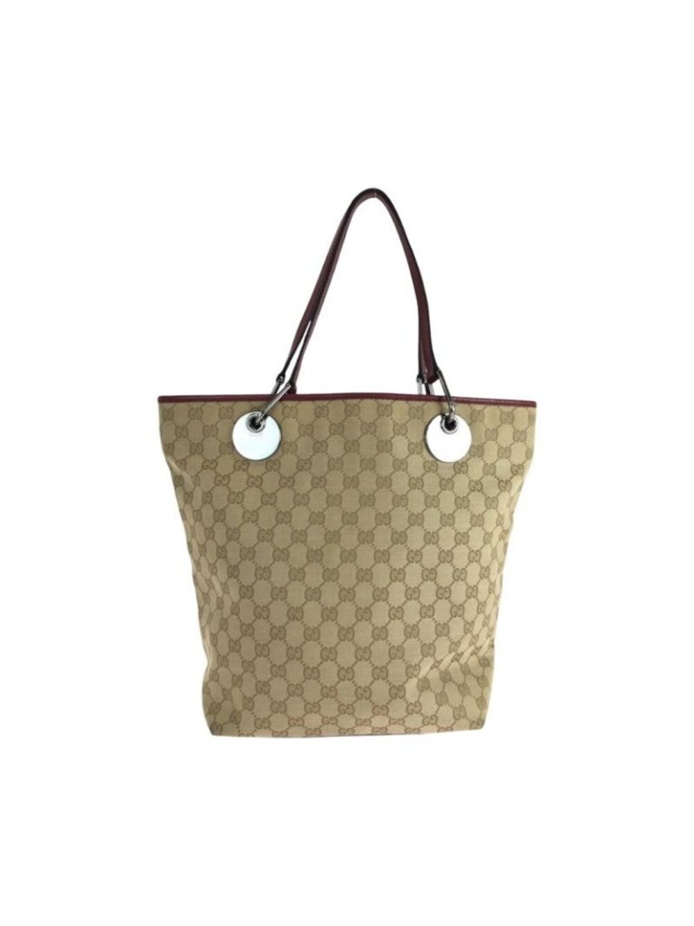 Gucci Beige Red Silver Hardware GG Canvas Tote Bag Handbag